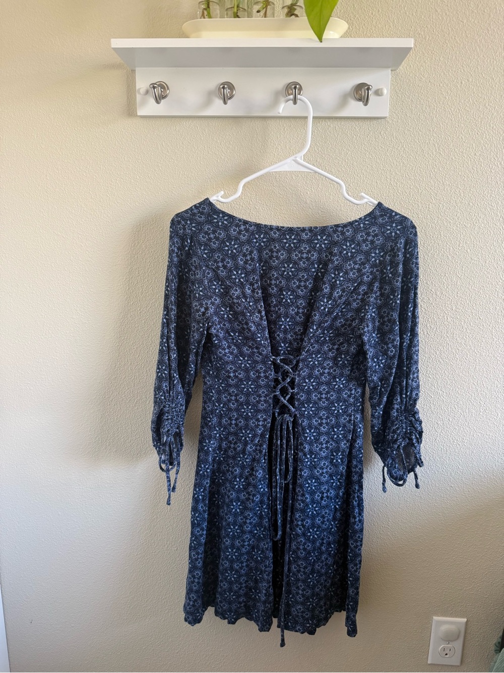 Hollister Navy Blue Floral Lace-Up Long Sleeve Dress